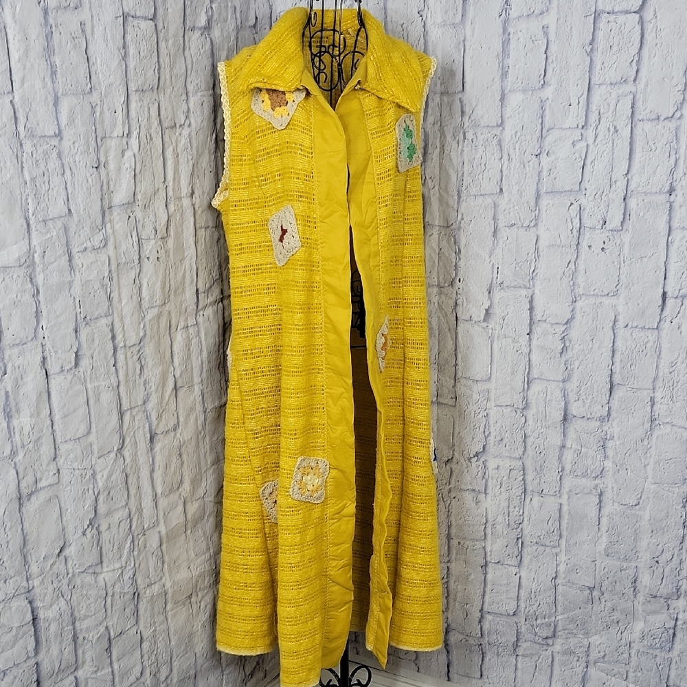 Handmade Yellow Crochet Patchwork Duster Vest Chest 42" Length‎ 39"